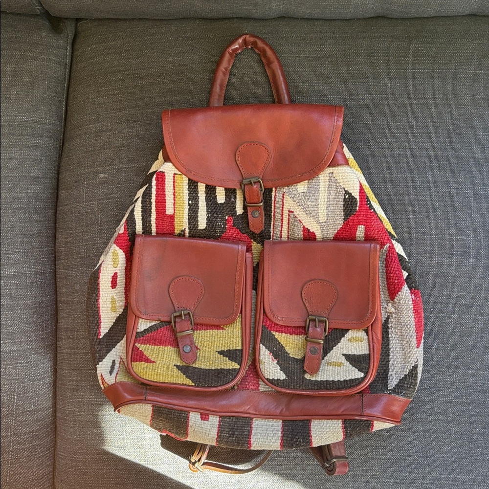 Ikat Pattern Leather and Wool Woven Backpack from Turkey